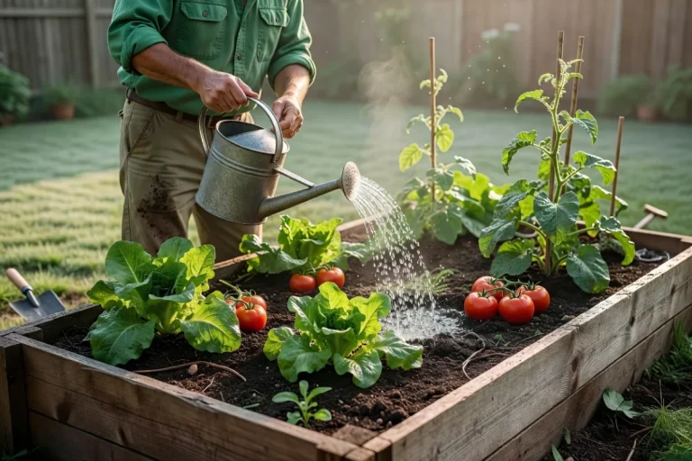 Gardener watering vegetable plants in raised bed during early morning.